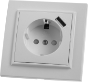 PST16-9011-01 Розетка STEKKER 1-местная, с/з, 220V, 16А, с шторкой и USB, белая, серия Эрна