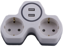 ADP16-14-20 Cетевой разветвитель на 2 выхода с заземлением 250V, 16A и 2-мя USB на 2,4А  STEKKER  